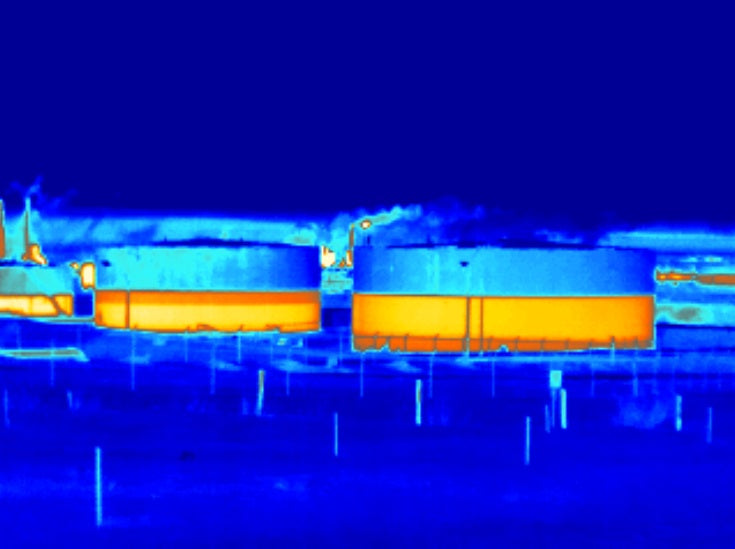 Thermal image showing product levels in bulk fuel storage tanks.