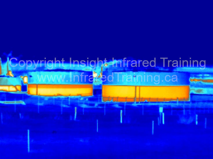 Thermal image of bulk fuel storage tanks.