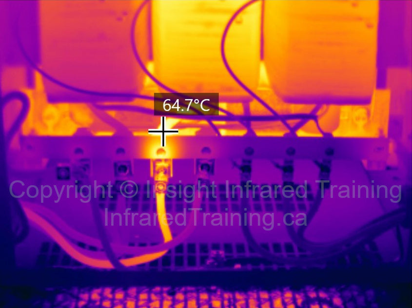 Spot temperature measurement on thermal image of transformer loose connection.